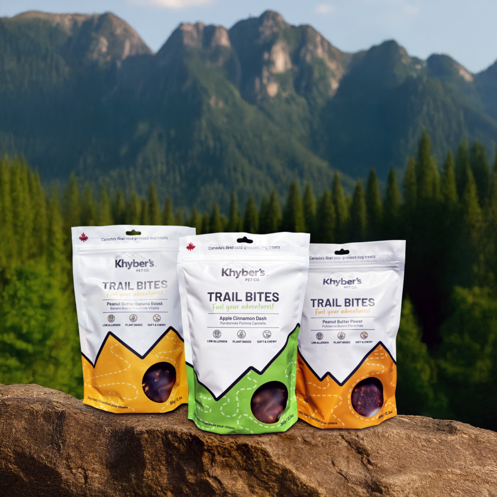 Khyber's cold-pressed dog treats on on a rock on hiking trail in Canada